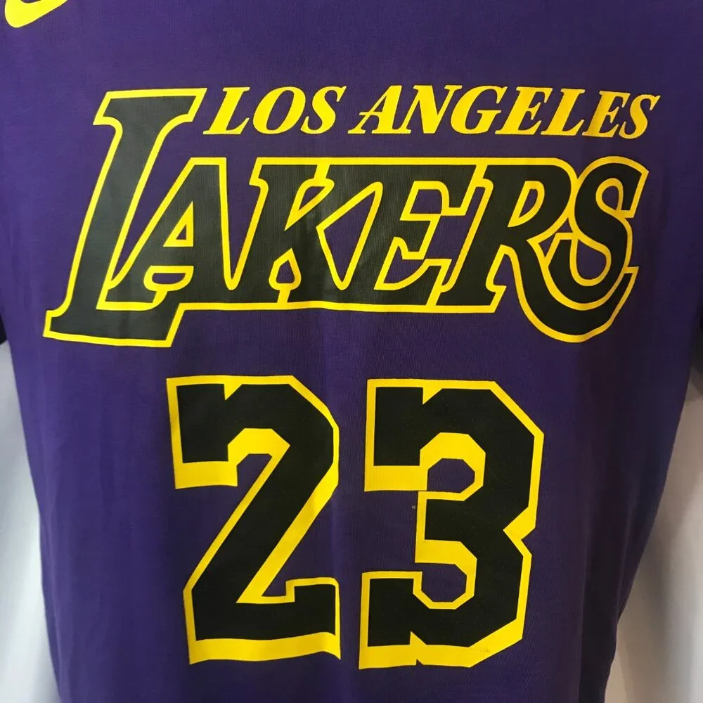 Nike #23 Purple & Gold NBA Lakers James Activewear Athletic Sport Cut Tee Shirt - Picture 3 of 5
